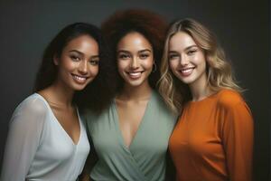 ai généré magnifique Jeune Multi-éthnique femmes avec Naturel se maquiller. La publicité pour femelle mode des modèles, visage et corps peau se soucier. photo