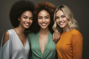 ai généré magnifique Jeune Multi-éthnique femmes avec Naturel se maquiller. La publicité pour femelle mode des modèles, visage et corps peau se soucier. photo