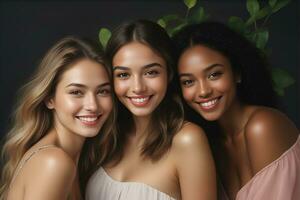 ai généré magnifique Jeune Multi-éthnique femmes avec Naturel se maquiller. La publicité pour femelle mode des modèles, visage et corps peau se soucier. photo