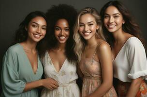 ai généré magnifique Jeune Multi-éthnique femmes avec Naturel se maquiller. La publicité pour femelle mode des modèles, visage et corps peau se soucier. photo