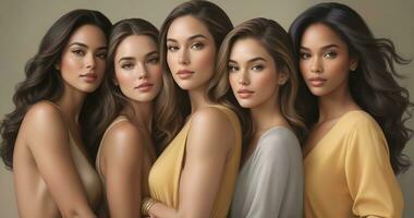 ai généré magnifique Jeune Multi-éthnique femmes avec Naturel se maquiller. La publicité pour femelle mode des modèles, visage et corps peau se soucier. photo