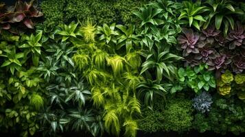 ai généré couvert de plantes mur, avec divers plante espèce arrangé dans une magnifique modèle. photo