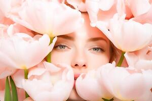 ai généré femme entouré par pâle rose tulipes dans fermer vue photo