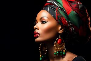 ai généré africain femme avec rouge rouge à lèvres et géométrique des boucles d'oreilles photo