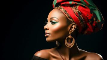 ai généré étourdissant africain américain femme dans traditionnel serre-tête et bijoux photo