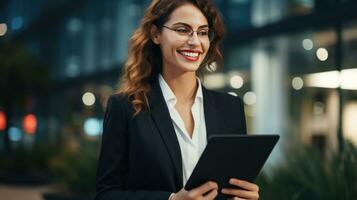 ai généré sur de soi femme d'affaires permanent dans de face de une moderne Bureau bâtiment, avec une brillant sourire sur visage photo