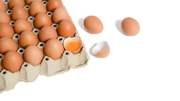 Oeuf plateau avec Frais marron des œufs isolé sur blanc arrière-plan, coupure chemin. Frais biologique poulet des œufs dans carton boîte. photo