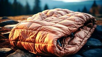 ai généré proche en haut de une en train de dormir sac sur Haut de une Montagne dans le soir. photo