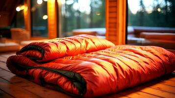 ai généré rouge en train de dormir sac sur le terrasse de une restaurant dans le soir. photo