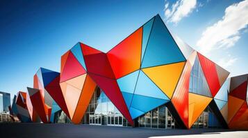 ai généré géométriquement conçu bâtiment avec tranchant angles et vibrant couleurs, photo