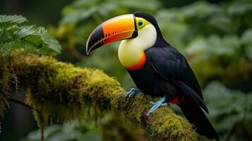 ai généré un exotique toucan perché sur une arbre bifurquer, ses vibrant Orange et Jaune le bec contrastant contre photo