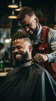 ai généré coiffeur garniture une du client cheveux avec électrique tondeuses, capturer le mouvement photo