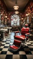 ai généré une ancien coiffeur boutique, Achevée avec classique rouge et blanc coiffeur pôle, cuir chaises photo