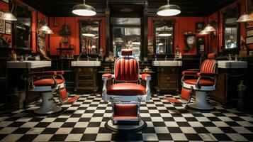 ai généré une ancien coiffeur boutique, Achevée avec classique rouge et blanc coiffeur pôle, cuir chaises photo