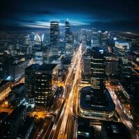 ai généré une ville horizon à nuit, avec lisse et moderne bâtiments avec nettoyer lignes et audacieux architecture photo