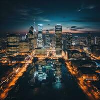 ai généré une ville horizon à nuit, avec lisse et moderne bâtiments avec nettoyer lignes et audacieux architecture photo