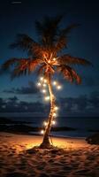 ai généré une Célibataire paume arbre sur une plage, enveloppé dans une chaîne de lumière ampoule guirlandes. photo