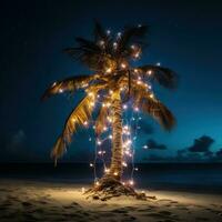 ai généré une Célibataire paume arbre sur une plage, enveloppé dans une chaîne de lumière ampoule guirlandes. photo