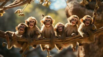 ai généré singes balançant de arbre à arbre, leur velu corps et longue queues création une animé scène photo