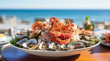 ai généré assiette de délicieux Fruit de mer apéritifs servi sur une plage table avec une pittoresque vue de le mer photo