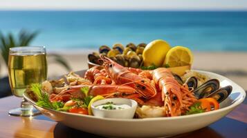 ai généré assiette de délicieux Fruit de mer apéritifs servi sur une plage table avec une pittoresque vue de le mer photo