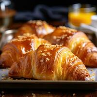 ai généré fraîchement cuit des croissants, avec d'or marron floconneux extérieurs et couches de de beurre la bonté visible photo