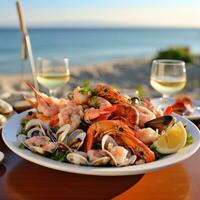 ai généré assiette de délicieux Fruit de mer apéritifs servi sur une plage table avec une pittoresque vue de le mer photo