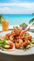 ai généré assiette de délicieux Fruit de mer apéritifs servi sur une plage table avec une pittoresque vue de le mer photo