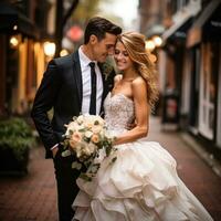 ai généré une la mariée et jeune marié partage une soumissionner moment tandis que prise une romantique promenade dans une charmant ville photo