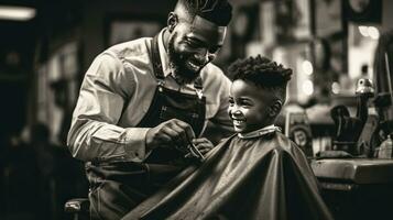 ai généré une noir et blanc photo de une coiffeur Coupe une Jeune garçons cheveux