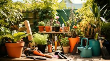 ai généré groupe de jardin outils mensonge sur une table entouré par des pots et les plantes photo