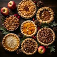 ai généré tartes, comprenant pomme, citrouille, et noix de pécan, tout avec une de fête Noël torsion photo