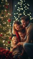 ai généré content famille recueillies autour une magnifiquement décoré Noël arbre photo