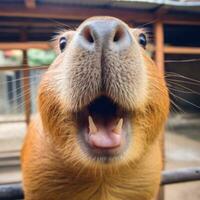 ai généré une capybara dans une zoo, là grand de face les dents et palmé pieds photo
