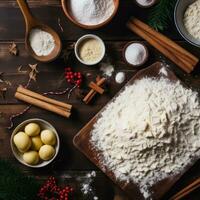 ai généré cuisson fournitures, farine, sucre, biscuit coupeurs, et une roulant broche, pour le Noël cuisson esprit. photo