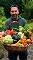 ai généré un image de une jardinier en portant une panier plein de fraîchement choisi des légumes de leur jardin photo