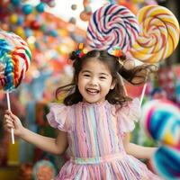 ai généré une Jeune fille en portant une géant sucette et sourire Heureusement photo