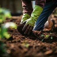 ai généré jardinier en utilisant une truelle à plante une semis dans une pot avec une vibrant, vert Contexte photo