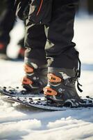 ai généré une fermer de une snowboarder pieds attaché dans leur planche photo