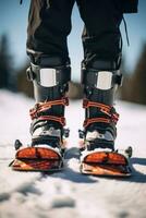 ai généré une fermer de une snowboarder pieds attaché dans leur planche photo