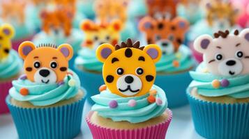 ai généré une fermer de mignonne en forme d'animal petits gâteaux décoré dans vibrant couleurs photo