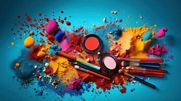 ai généré une Créatif image de maquillage des produits épars sur une coloré Contexte photo