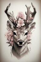 ai généré incroyable tatouage style réaliste cerf avec Japonais Cerise fleur art photo