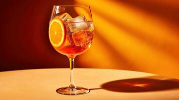 ai généré génératif ai, verre de aperol spritz cocktail sur en bois table avec Soleil lumières et ombres, esthétique encore la vie photo