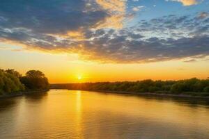 ai généré d'or heure le coucher du soleil sur le rivière. pro photo
