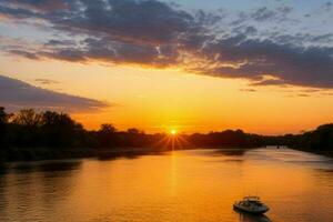 ai généré d'or heure le coucher du soleil sur le rivière. pro photo