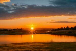 ai généré d'or heure le coucher du soleil sur le rivière. pro photo