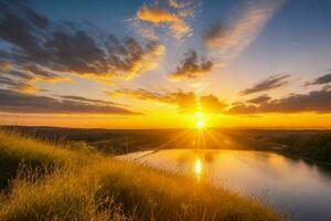 ai généré d'or heure le coucher du soleil sur le rivière. pro photo