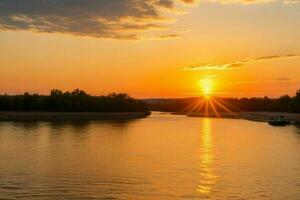 ai généré d'or heure le coucher du soleil sur le lac. pro photo