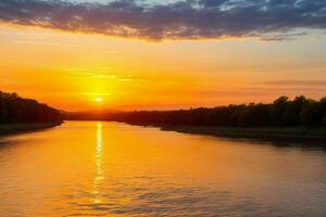 ai généré d'or heure le coucher du soleil sur le lac. pro photo